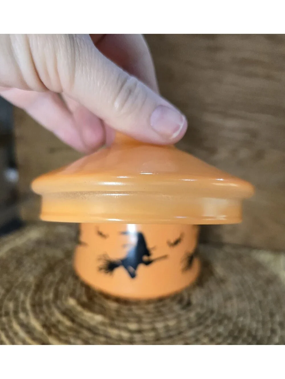 Vintage Indiana Glass Halloween Witch Bat Lidded Jar Candy Dish